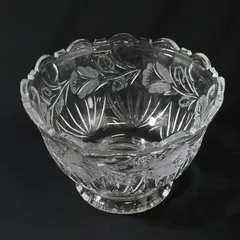 Clear Crystal Footed Bowl Scalloped Rim Etched Roses 8.25"
