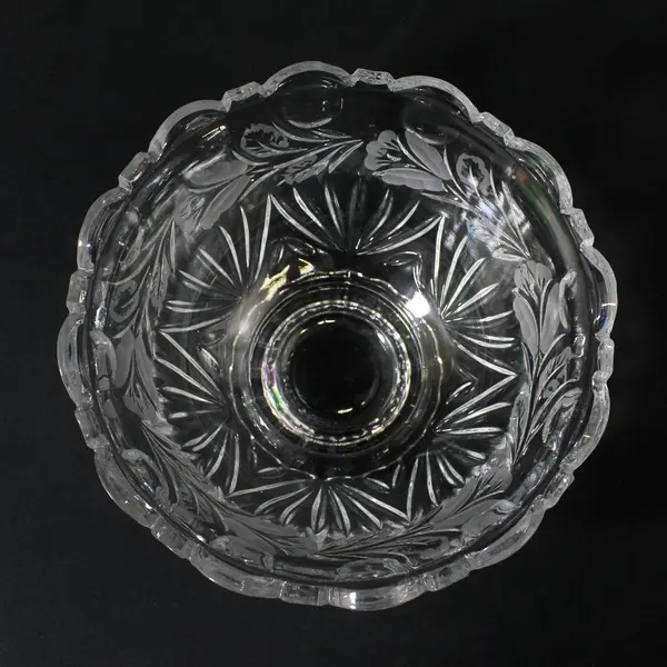 Clear Crystal Footed Bowl Scalloped Rim Etched Roses 8.25"