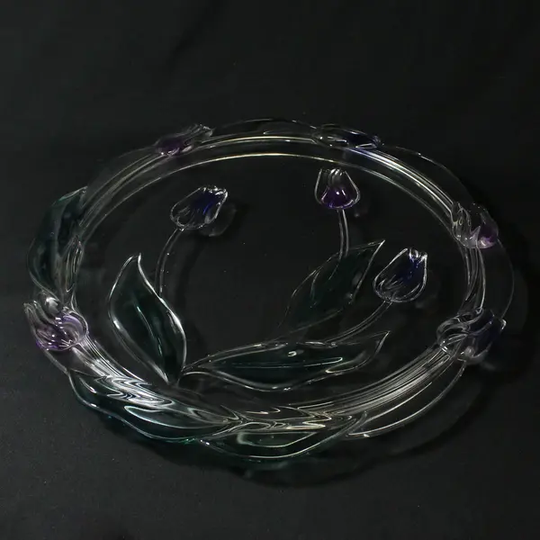 Mikasa Tivoli Crystal Footed Cake Plate Blue Purple Tulips 14in