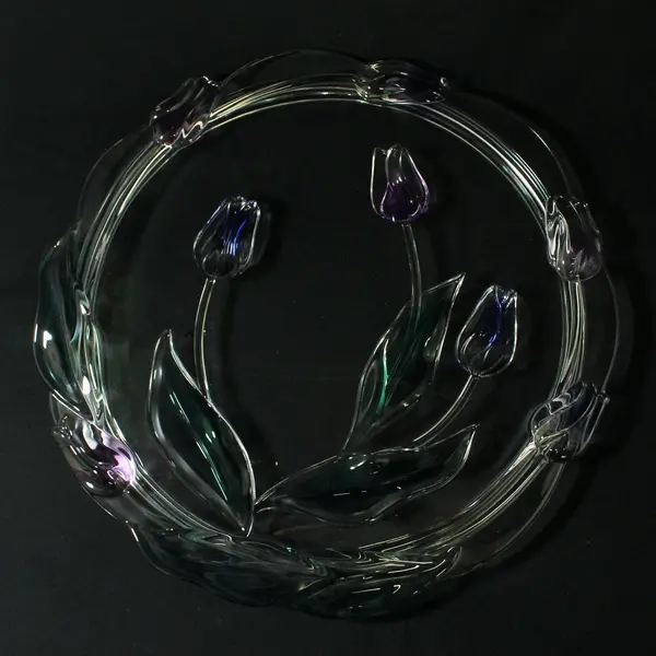 Mikasa Tivoli Crystal Footed Cake Plate Blue Purple Tulips 14in