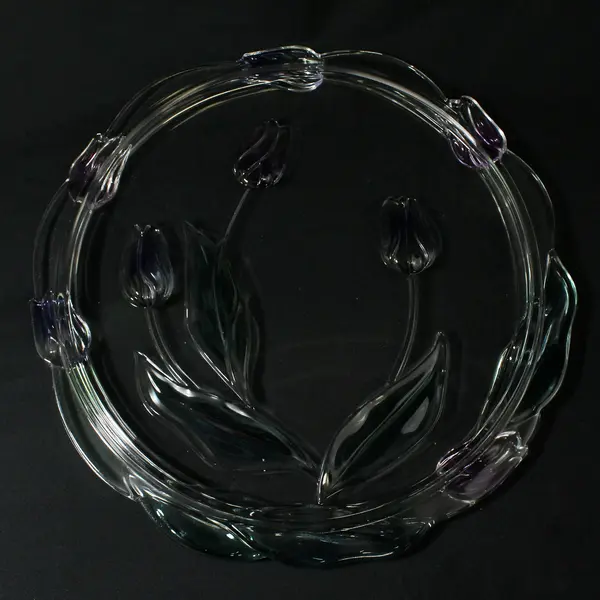 Mikasa Tivoli Crystal Footed Cake Plate Blue Purple Tulips 14in