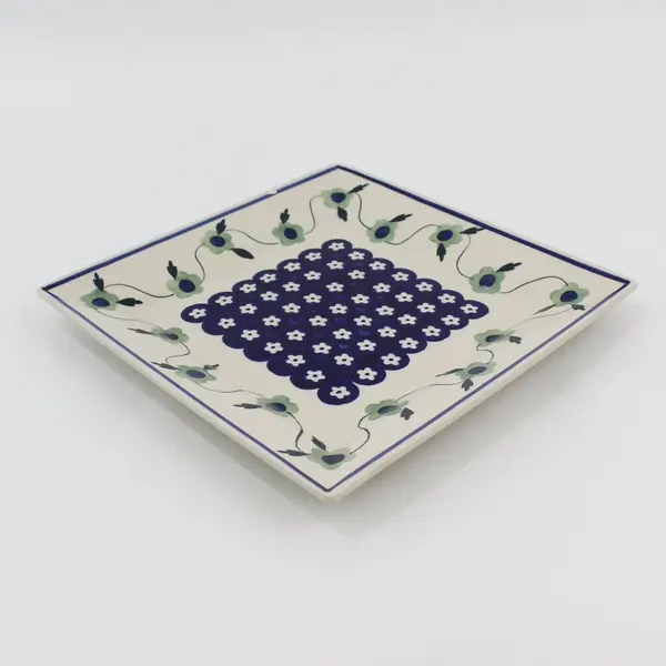 Boleslawiec Polish Pottery 9"  Square Floral Plate Signed R. Orda
