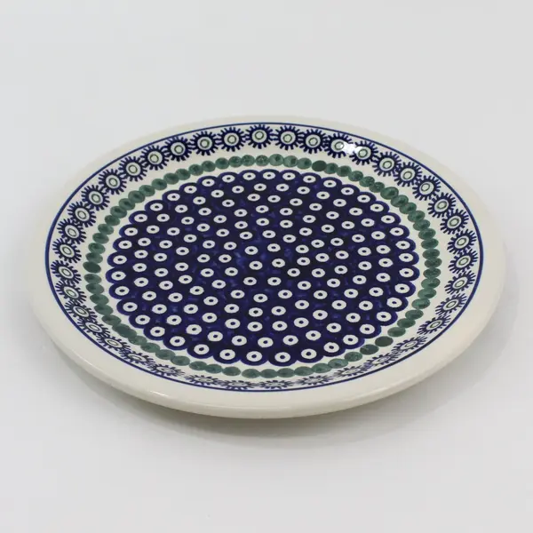 Boleslawiec Polish Pottery Handmade Platter 10.75" Blue Flowers Green Dots