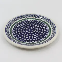 Boleslawiec Polish Pottery Handmade Platter 10.75" Blue Flowers Green Dots