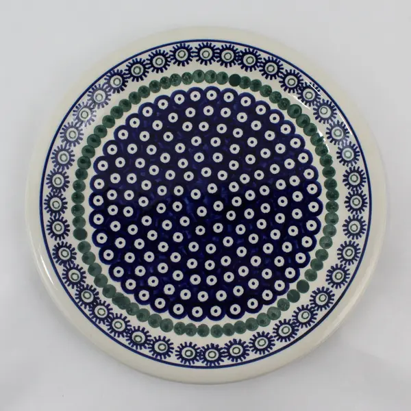 Boleslawiec Polish Pottery Handmade Platter 10.75" Blue Flowers Green Dots