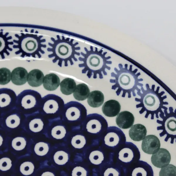Boleslawiec Polish Pottery Handmade Platter 10.75" Blue Flowers Green Dots
