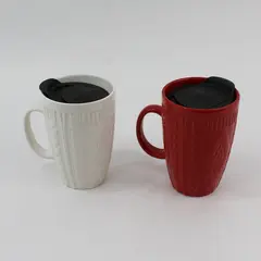 Thoughtfully Stoneware Set of 2 White Red Cable Knit Mugs Spill-Resistant Lids