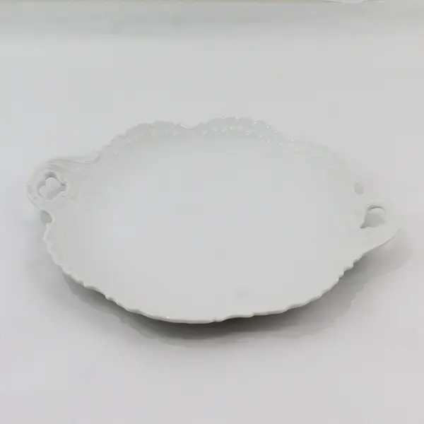 Freddi Japan White Ceramic Double Handle Platter Scalloped Rim Embossed Vine