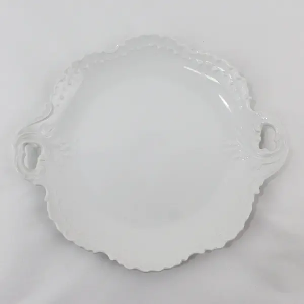 Freddi Japan White Ceramic Double Handle Platter Scalloped Rim Embossed Vine