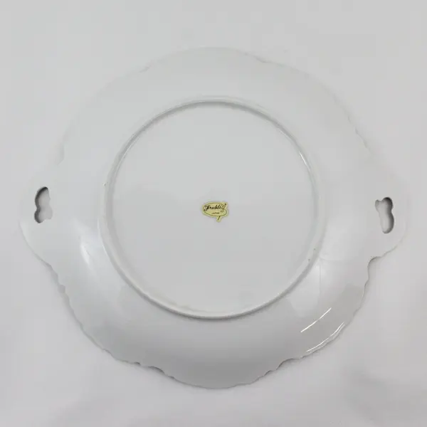 Freddi Japan White Ceramic Double Handle Platter Scalloped Rim Embossed Vine