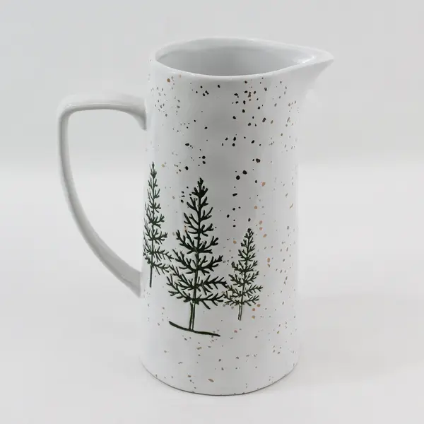2019 Potter's Studio White Ceramic Pitcher Green Pine Trees with Gold Snow
