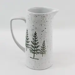 2019 Potter's Studio White Ceramic Pitcher Green Pine Trees with Gold Snow