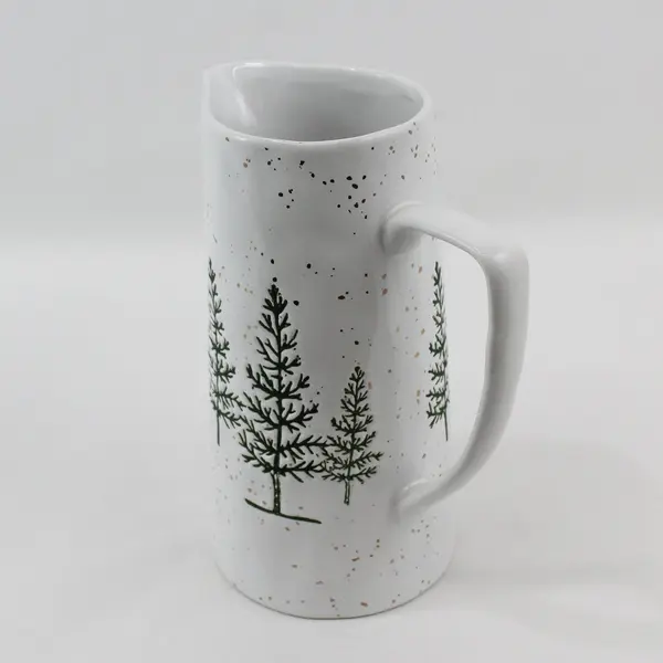 2019 Potter's Studio White Ceramic Pitcher Green Pine Trees with Gold Snow