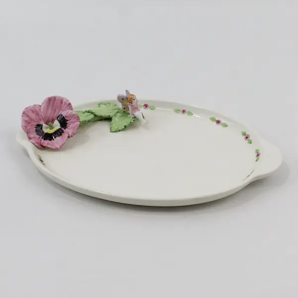 Oval White Ceramic Snack Plate Pink Pansy And Fairy On Leaves