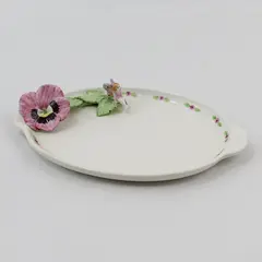 Oval White Ceramic Snack Plate Pink Pansy And Fairy On Leaves