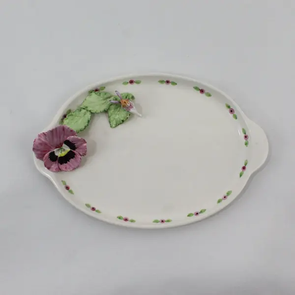 Oval White Ceramic Snack Plate Pink Pansy And Fairy On Leaves