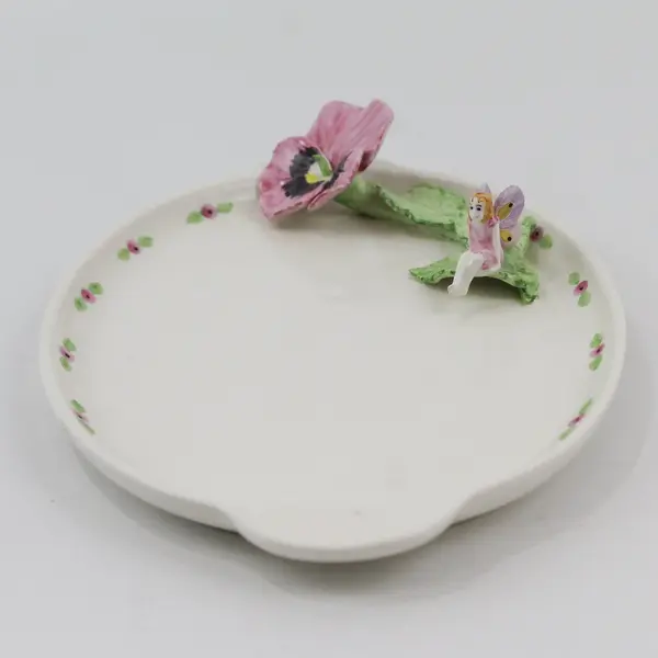 Oval White Ceramic Snack Plate Pink Pansy And Fairy On Leaves