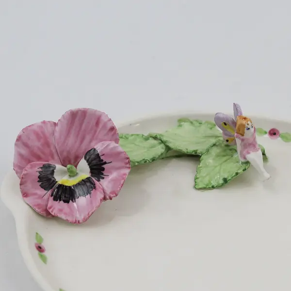 Oval White Ceramic Snack Plate Pink Pansy And Fairy On Leaves