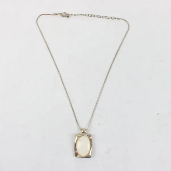 Vintage Modernist Cream Stone Necklace Silver-Tone Frame Pendant