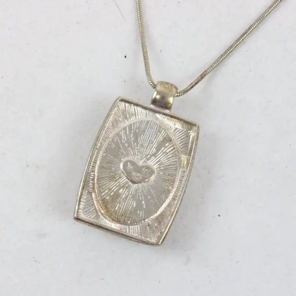 Vintage Modernist Cream Stone Necklace Silver-Tone Frame Pendant