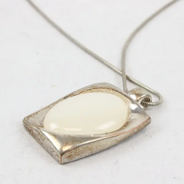 Vintage Modernist Cream Stone Necklace Silver-Tone Frame Pendant
