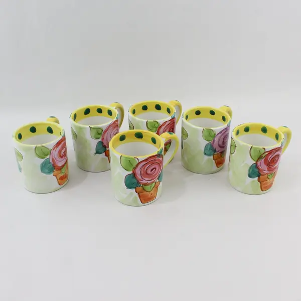 The Cellar Set of 5 Hand Painted Potted Plant Coffee Mugs Yellow Rim Green Dots