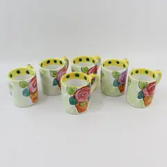 The Cellar Set of 5 Hand Painted Potted Plant Coffee Mugs Yellow Rim Green Dots