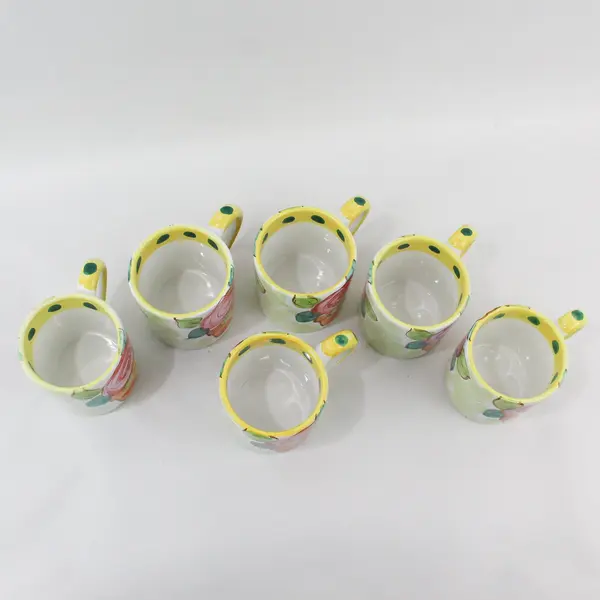 The Cellar Set of 5 Hand Painted Potted Plant Coffee Mugs Yellow Rim Green Dots