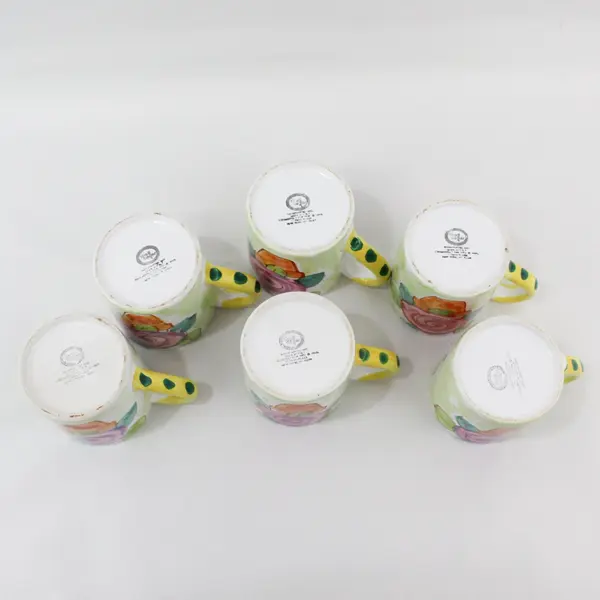 The Cellar Set of 5 Hand Painted Potted Plant Coffee Mugs Yellow Rim Green Dots