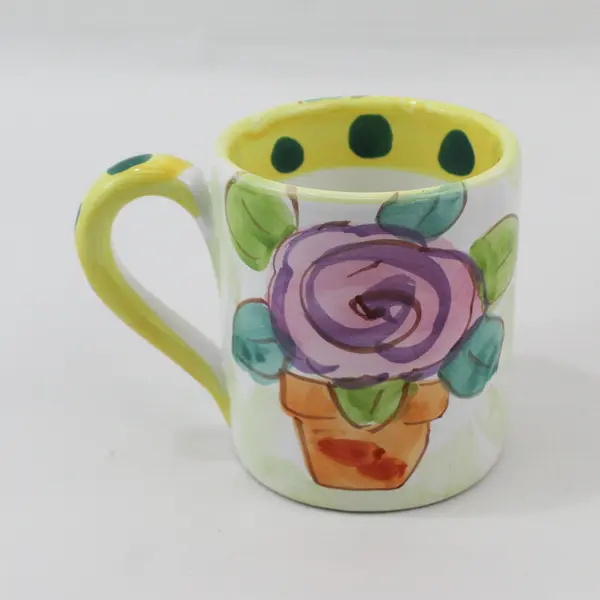 The Cellar Set of 5 Hand Painted Potted Plant Coffee Mugs Yellow Rim Green Dots