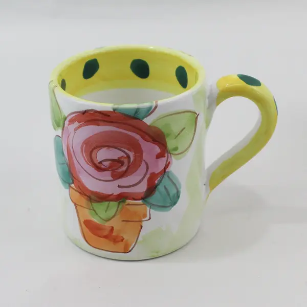 The Cellar Set of 5 Hand Painted Potted Plant Coffee Mugs Yellow Rim Green Dots