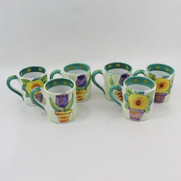 6 The Cellar Hand Painted Coffee Mugs Potted Flower Green Rim Yellow Dots