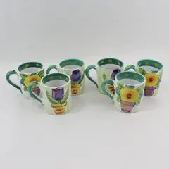 6 The Cellar Hand Painted Coffee Mugs Potted Flower Green Rim Yellow Dots