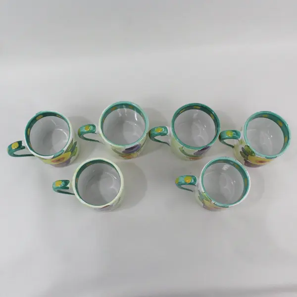 6 The Cellar Hand Painted Coffee Mugs Potted Flower Green Rim Yellow Dots