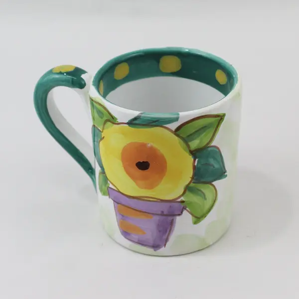 6 The Cellar Hand Painted Coffee Mugs Potted Flower Green Rim Yellow Dots
