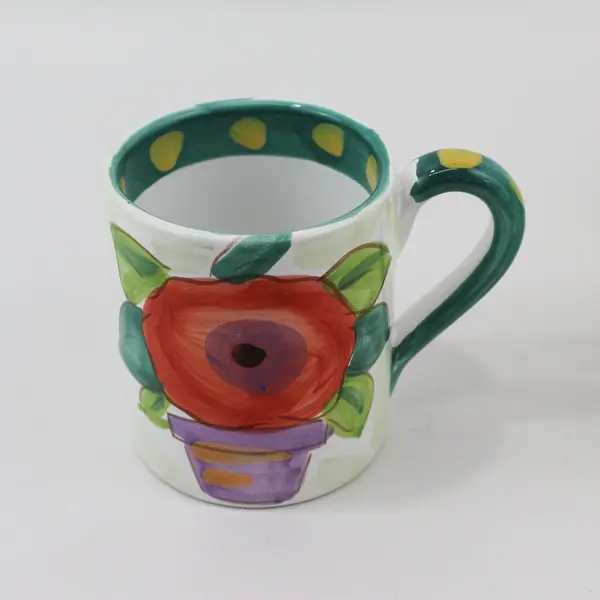 6 The Cellar Hand Painted Coffee Mugs Potted Flower Green Rim Yellow Dots