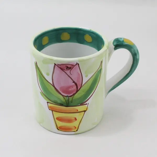 6 The Cellar Hand Painted Coffee Mugs Potted Flower Green Rim Yellow Dots