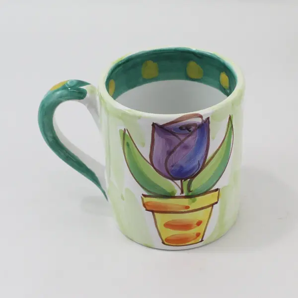 6 The Cellar Hand Painted Coffee Mugs Potted Flower Green Rim Yellow Dots