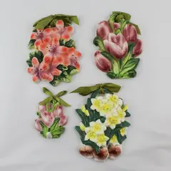 Set of 4 Embossed Flower Wall Plaques Made In China Tulips Daffodils Lilies