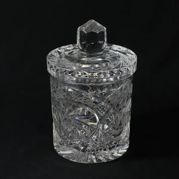 Vintage Cut Crystal Biscuit Jar with Lid  Pinwheel Star Design 6.5"