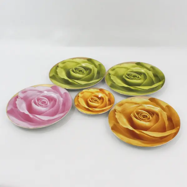 Classic Coffee & Tea 5-Piece Rose Plates 7in Gold Trim + 4in Plate