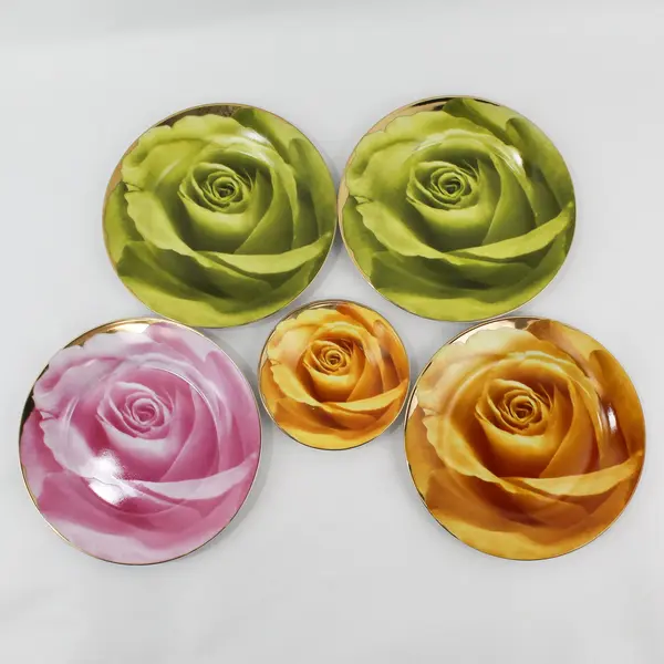 Classic Coffee & Tea 5-Piece Rose Plates 7in Gold Trim + 4in Plate