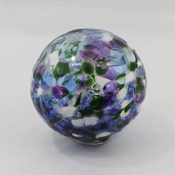 Pyromania Art Glass Ball Purple Blue Green White Signed Pyromania 2007