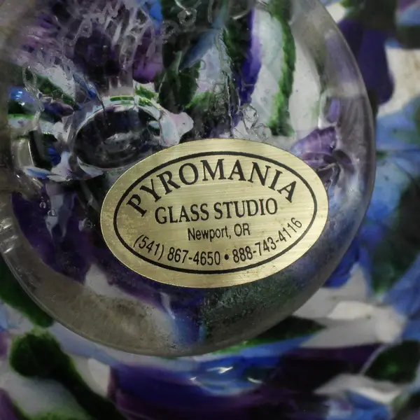 Pyromania Art Glass Ball Purple Blue Green White Signed Pyromania 2007