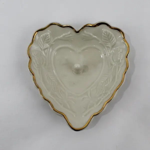 Heart Shaped Ring Holder Embossed Roses Gold Trim