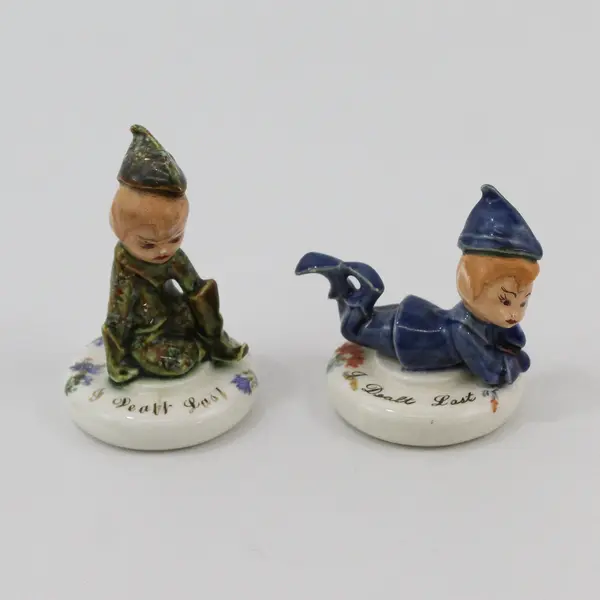 2 Vintage Ceramic Pixie Figurines Reading I Dealt Last Signed Yalena