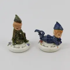 2 Vintage Ceramic Pixie Figurines Reading I Dealt Last Signed Yalena