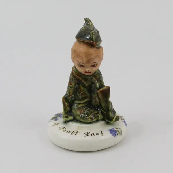 2 Vintage Ceramic Pixie Figurines Reading I Dealt Last Signed Yalena