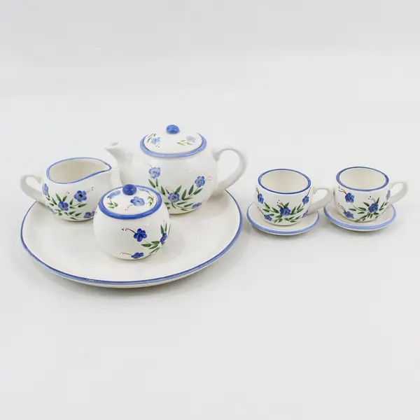 Children's 10 Piece Ceramic Tea Set White Blue Trim Floral Pattern