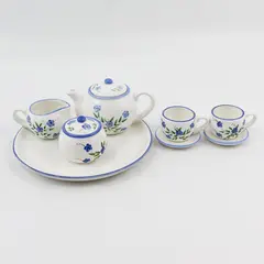 Children's 10 Piece Ceramic Tea Set White Blue Trim Floral Pattern